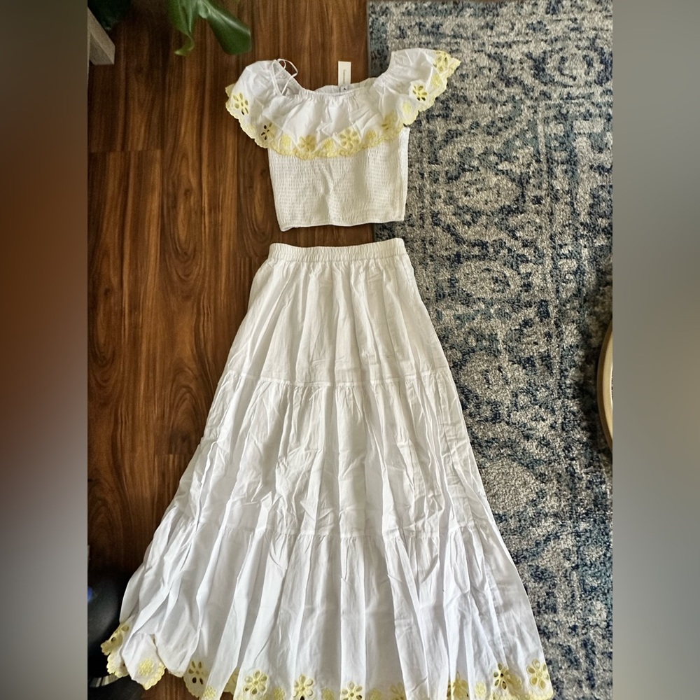 Francesca’s White Cotton Tiered Maxi Skirt with Yellow Eyelet Trim.